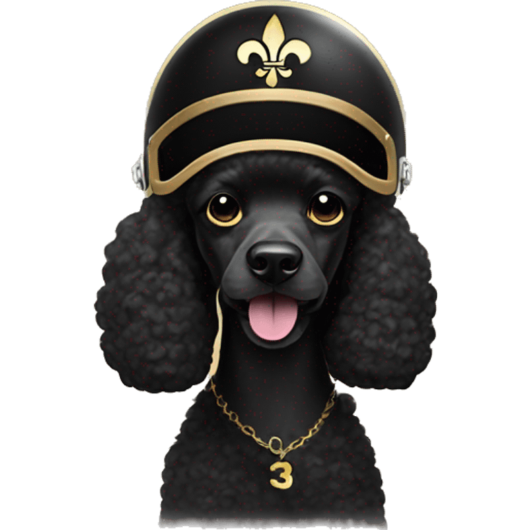 Black poodle wearing a gold football helmet with black stripe and gold fleur de lis emblem emoji