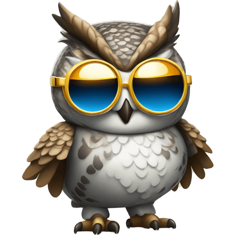 Cartoony chubby horned owl with sunglasses and disco suit on emoji