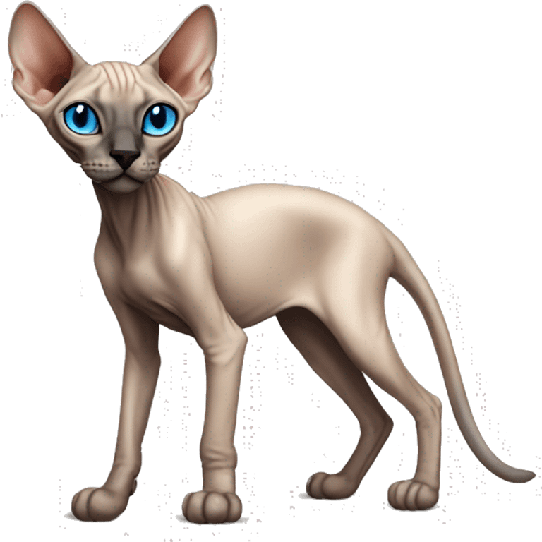 Siamese Sphynx Peterbald  cat with blue eyes, full thin body stand, black nose ears and tail emoji