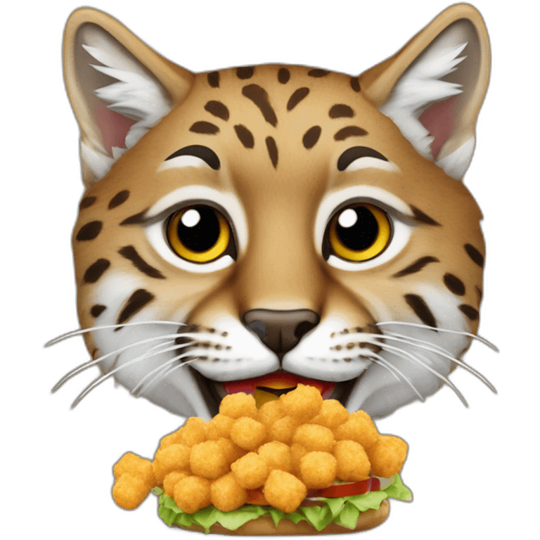 Bobcat eating a cheeseburger with a side of tater tots emoji