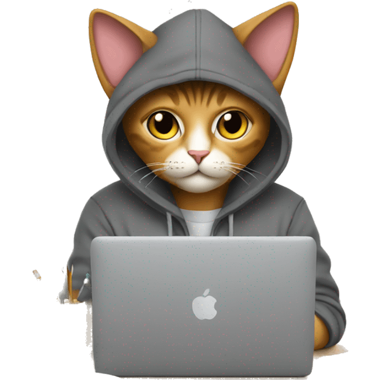 cat is a graphic designer in a hoodie and headphones, working at a computer in photoshop emoji