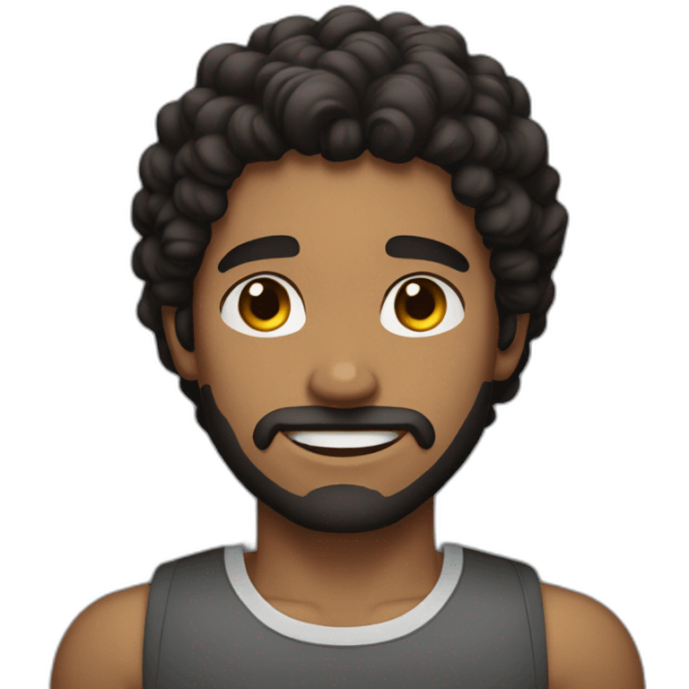 brown young man with curly black hair and beard strong arms emoji