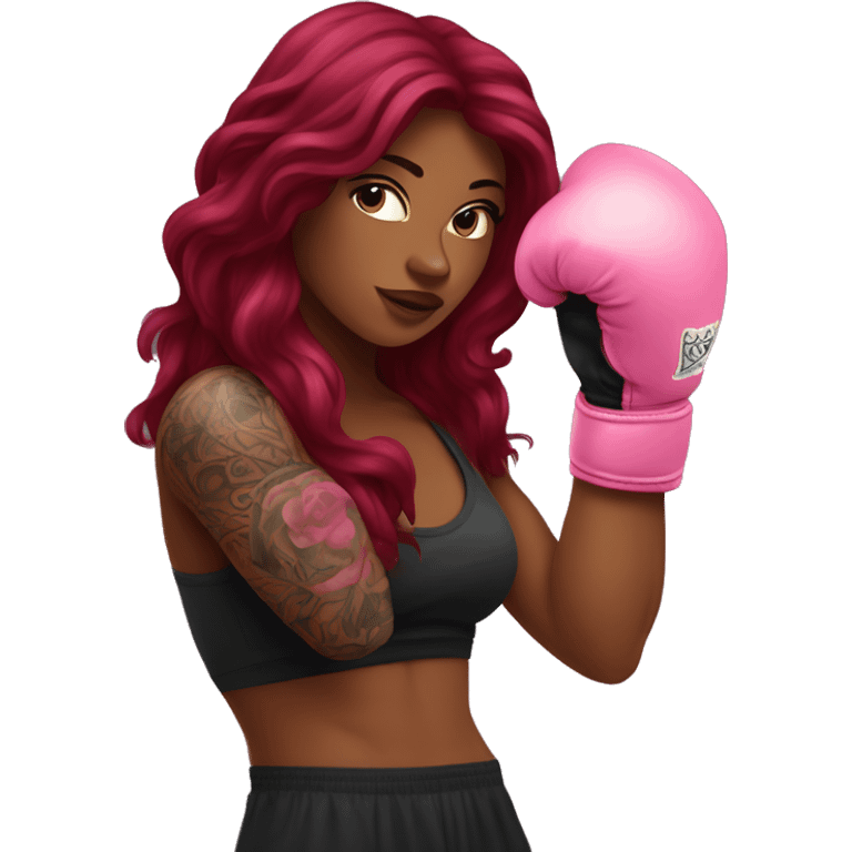 Beautiful tattooed  burgundy long haired woman boxing with pink gloves emoji