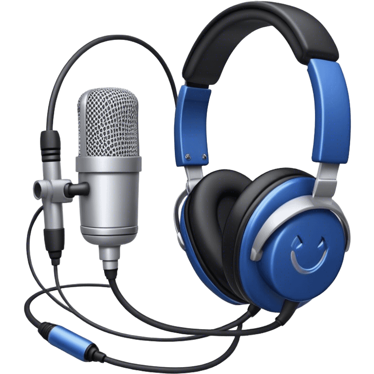 Create a sleek and professional emoji that represents voice acting and dubbing equipment. The design should feature a high-quality microphone, a sound mixer or audio interface, and headphones to symbolize the recording and technical process. Include elements like a soundproof booth or audio cables to reflect the studio environment. Use a modern, clean design with colors like silver, black, and dark blue to represent the professional side of voice acting. The background should be transparent. emoji