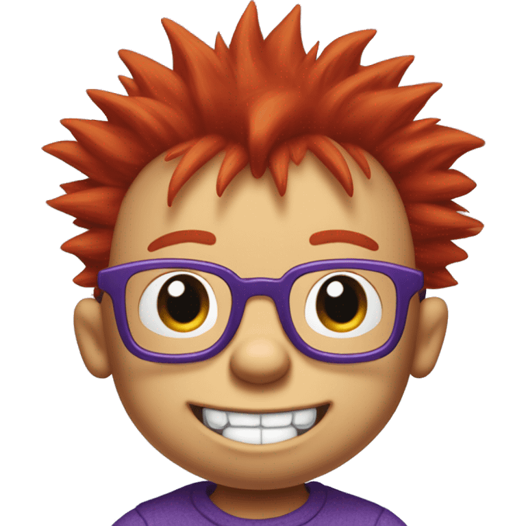 Rugrats, a red-haired one year baby with spiky hair and only 2 front teeth wearing purple square glasses and a blue shirt with red trim emoji