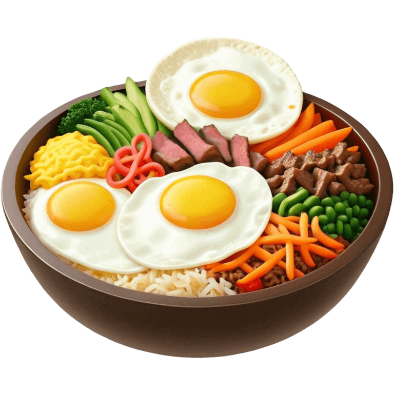 Cinematic Realistic Bibimbap Dish Emoji, showcasing a colorful bowl of mixed rice, assorted vegetables, beef, and a fried egg rendered with lifelike detail and vibrant, harmonious lighting. emoji