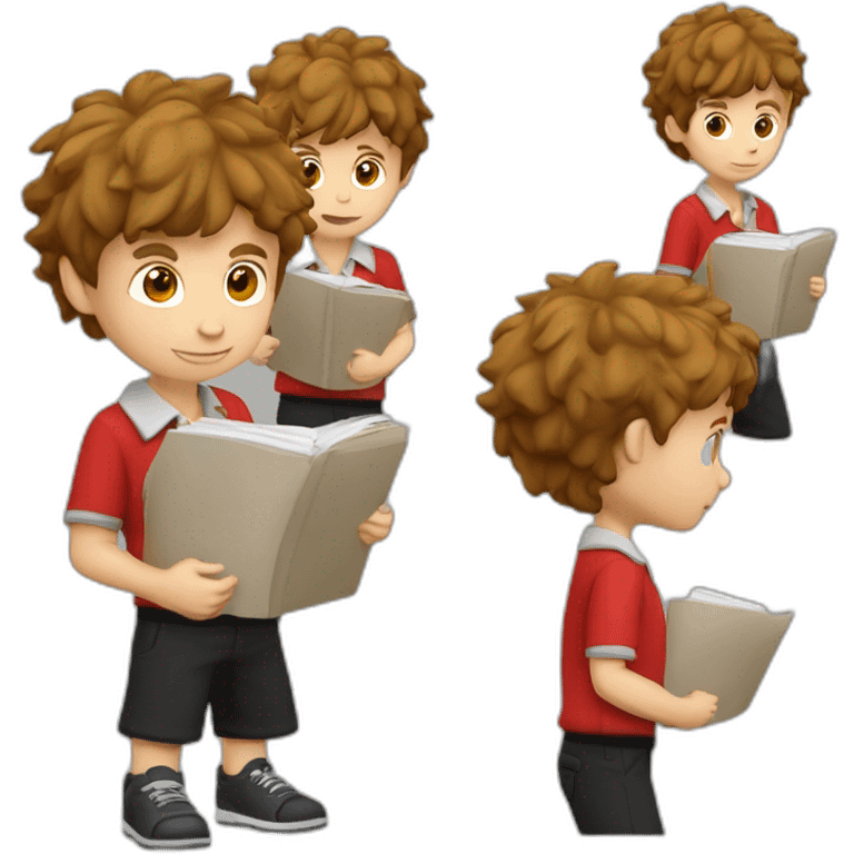 Caucasian-boy-child-shaggy-brown-hair-red-polo-shirt-black-trousers-doing-homework emoji