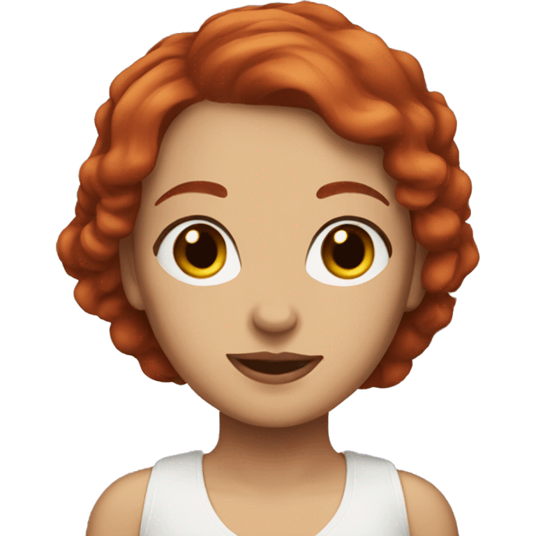 A short-haired woman with red hair, with brown eyes, with regdoll emoji