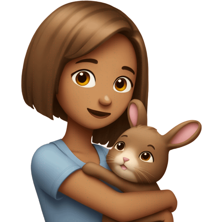 girl with bob hair hugging brown bunny emoji