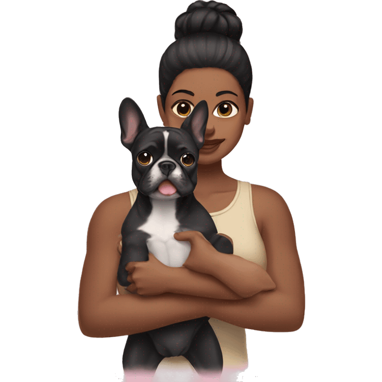 Black hair girl holding a Frenchie emoji