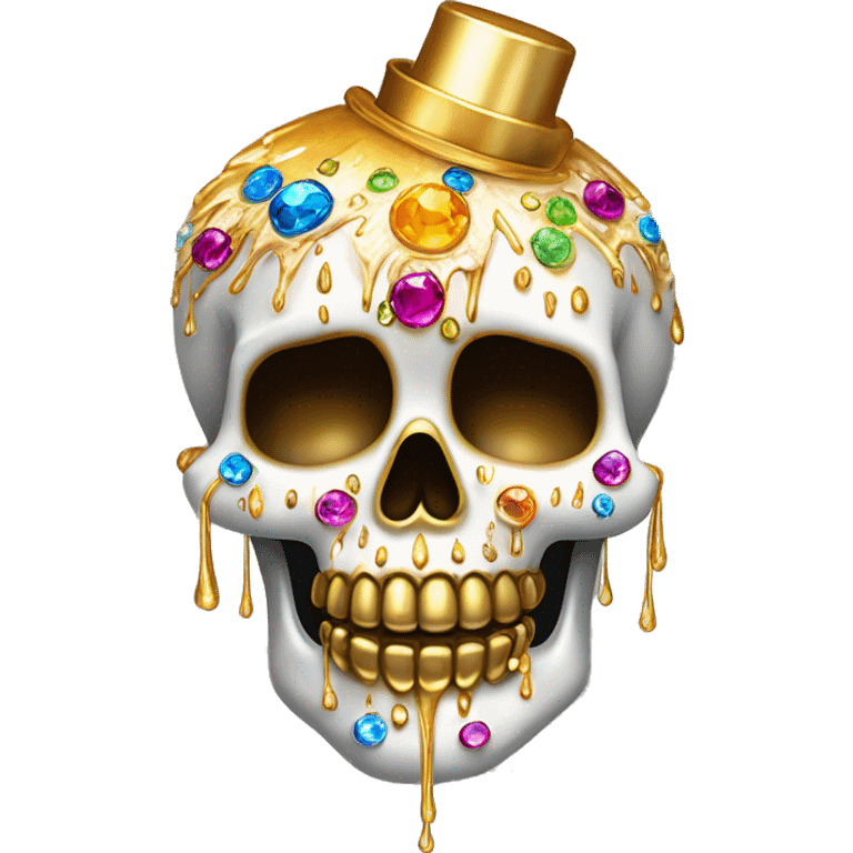 Realistic white sugar skull decorated with colorful rhinestones with a tall metallic gold candle on top of its head dripping down melted metallic gold wax down the skull emoji