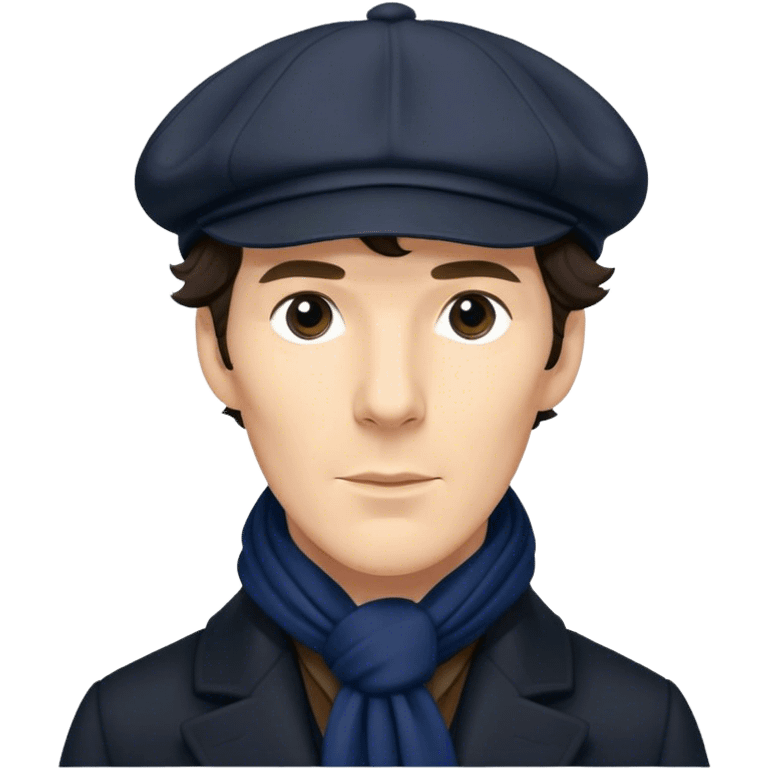 sherlock holmes benedict cumberbatch, wearing a deerstalker hat, Long dark coat, Dark suits, dark Blue scarf emoji