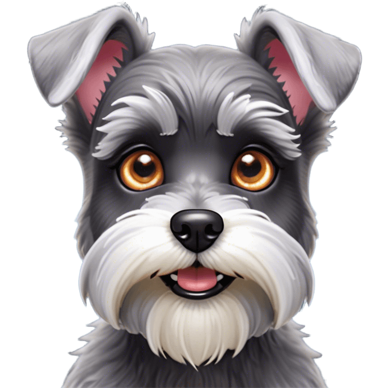 Cinematic Comical Miniature Schnauzer Portrait Emoji, Head tilted dramatically with a comically shocked expression and large, animated eyes, featuring a sharply defined salt-and-pepper fur with exaggerated, humorous eyebrows, simplified yet hilariously detailed, glowing with a bold, playful radiance, high shine, exuding a spirited and cheeky charm, styled with a soft glowing outline, capturing the essence of a Miniature Schnauzer that appears ready to dash into a burst of comic energy! emoji