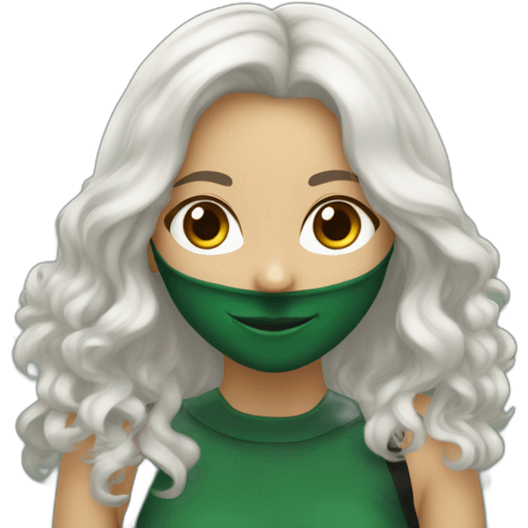 Emoji chica de tez blanca, slytherin con el pelo negro y largo, ojos cafes y sonriendo emoji