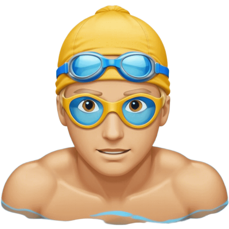 blond man swimmer with blue goggles and cap emoji