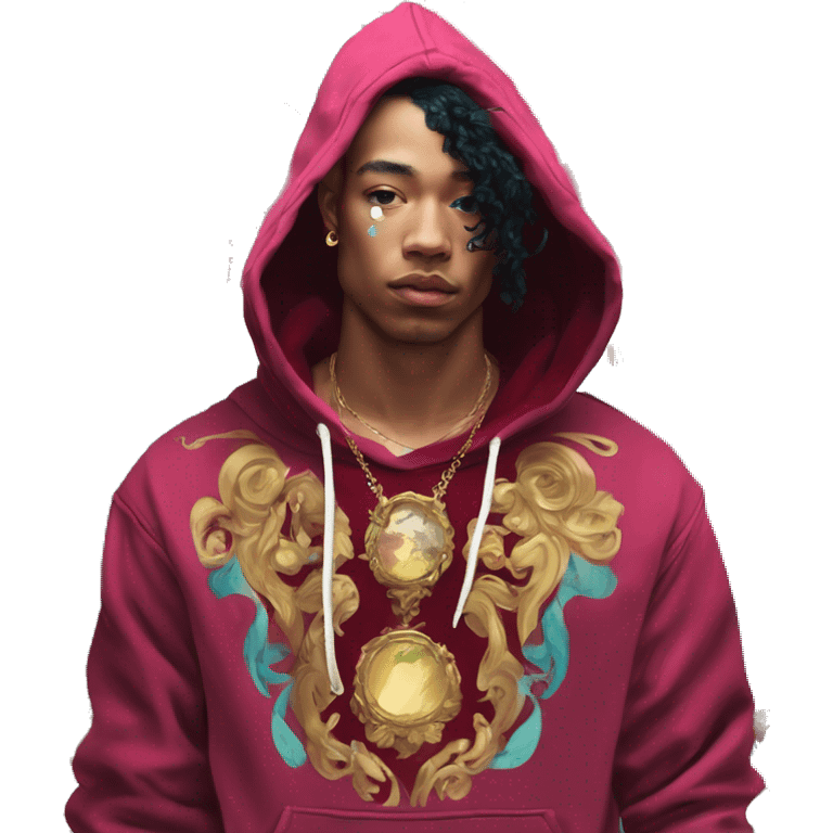 Vintage painting swirls gold jewellery baroque raven wings angel tropical Deep pink maroon burgundy cyan dark hoodie man vitiligo dyed hair gold piercings nose piercing ear piercings emoji