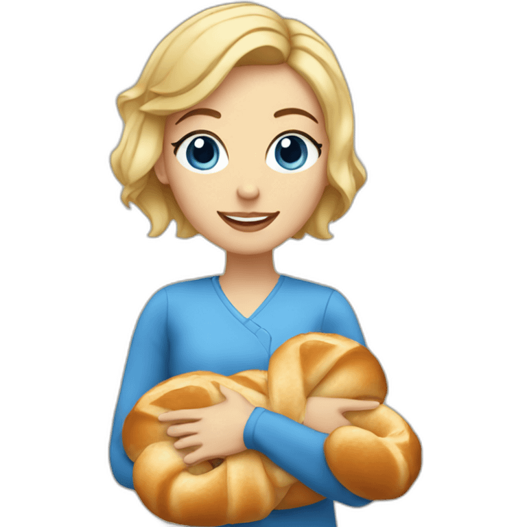 Blonde girl with blue eye and with short hair holding a challah emoji