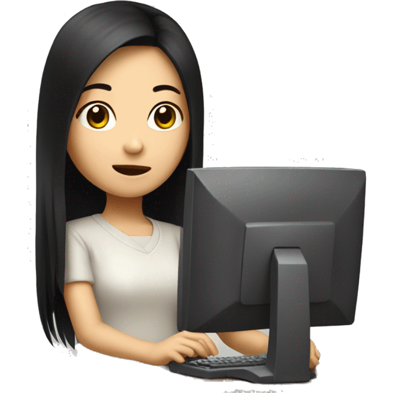 short asian girl with black long hair coding computer emoji