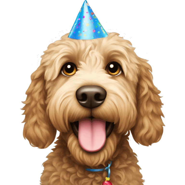 labradoodle wearing birthday hat emoji