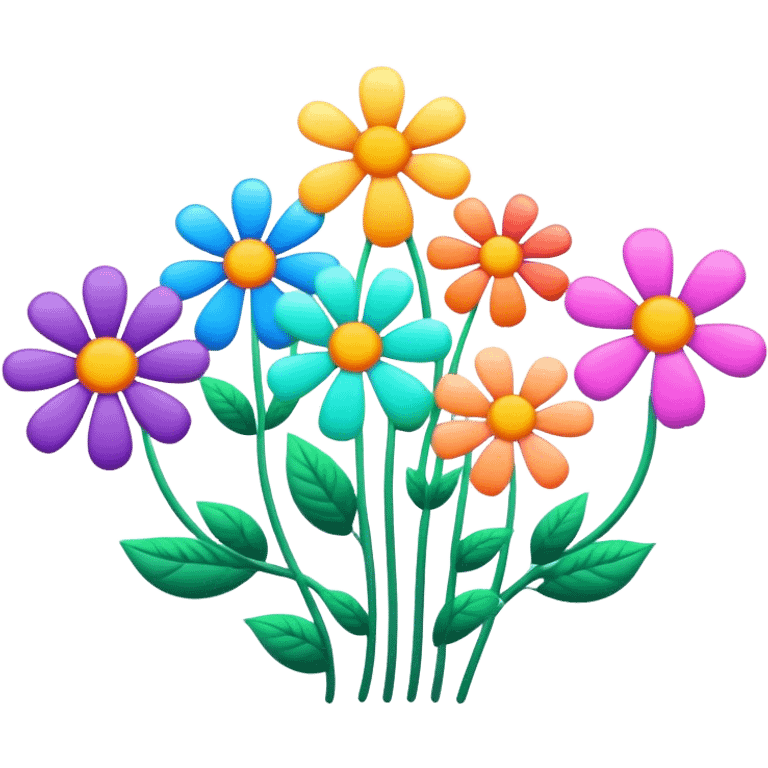 3D, psychedelic colored hippie style flowers in a line  emoji