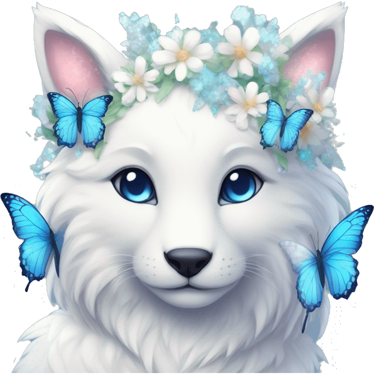 Anthro Cute Cool Kawaii gorgeous sparkly ethereal white fantasy animal creature with blue eyes furry sona with flowers and butterflies beautiful aesthetic emoji