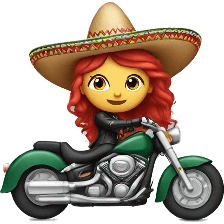 Mexican sombrero girl with red hair in leather on a motorcycle emoji