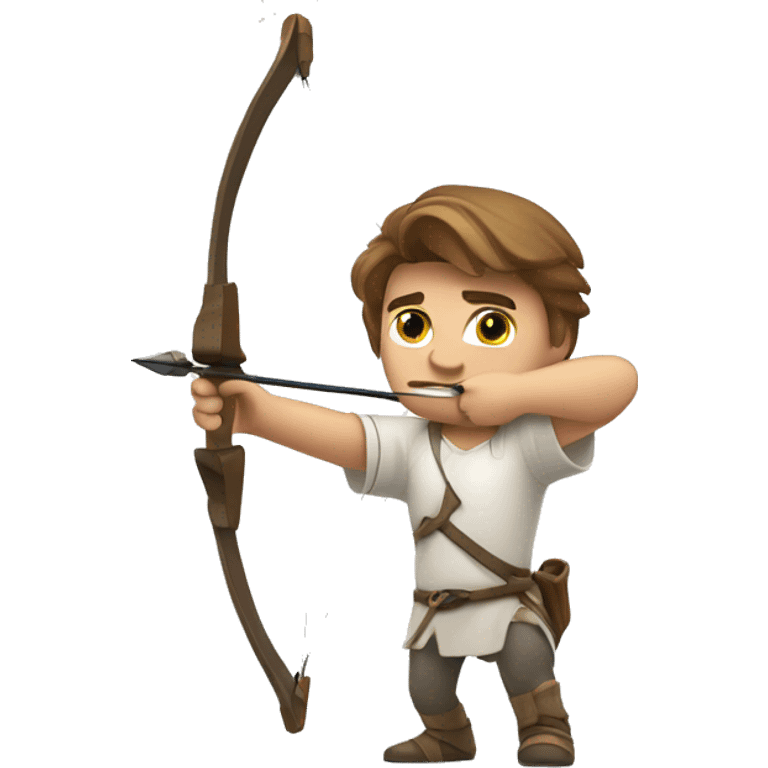 a male archer aiming with a bow looking at his target, wearing a white shirt, very show brown hair, bright skin emoji