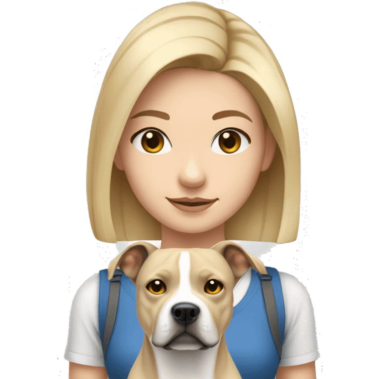 Blonde girl with a gray Staffordshire terrier that has a thin white line between its eyes; she has blue eyes and shoulder-length hair  emoji