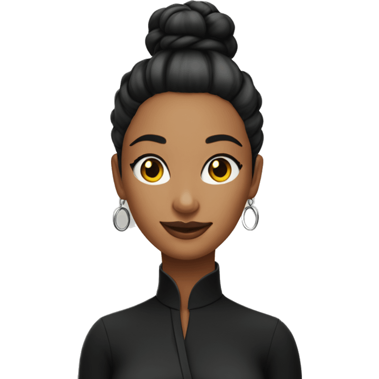 Woman with sleek bun hair with loop earrings wearing black turle neck shirt emoji