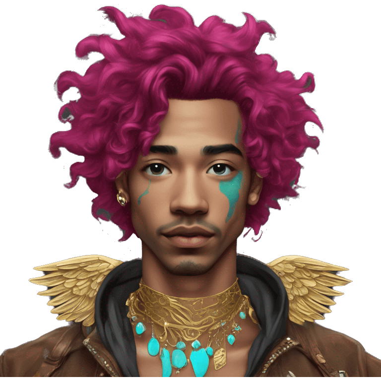 Vintage patina intricate swirls gold jewellery baroque raven wings angel tropical Deep pink maroon burgundy cyan dark hoodie man vitiligo dyed hair gold piercings nose piercing ear piercings emoji