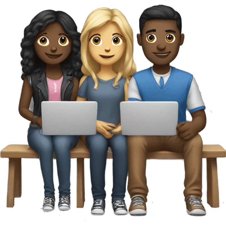 2 girl and 3 man each of them holding laptop and sit together  emoji