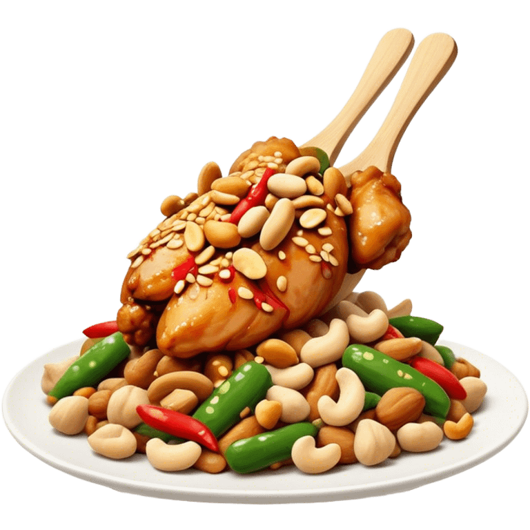 Cinematic Realistic Kung Pao Chicken Dish Emoji, showcasing spicy, stir‚Äêfried chicken with peanuts and vegetables rendered with dynamic textures and vibrant lighting. emoji