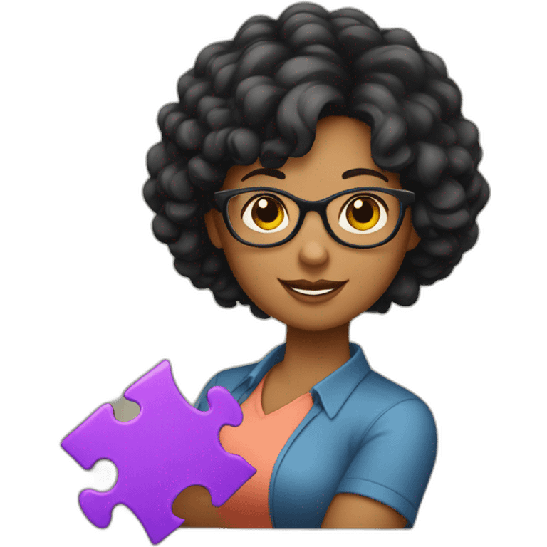 plump woman teacher in glasses with curly black hair holding large puzzles in her hands emoji