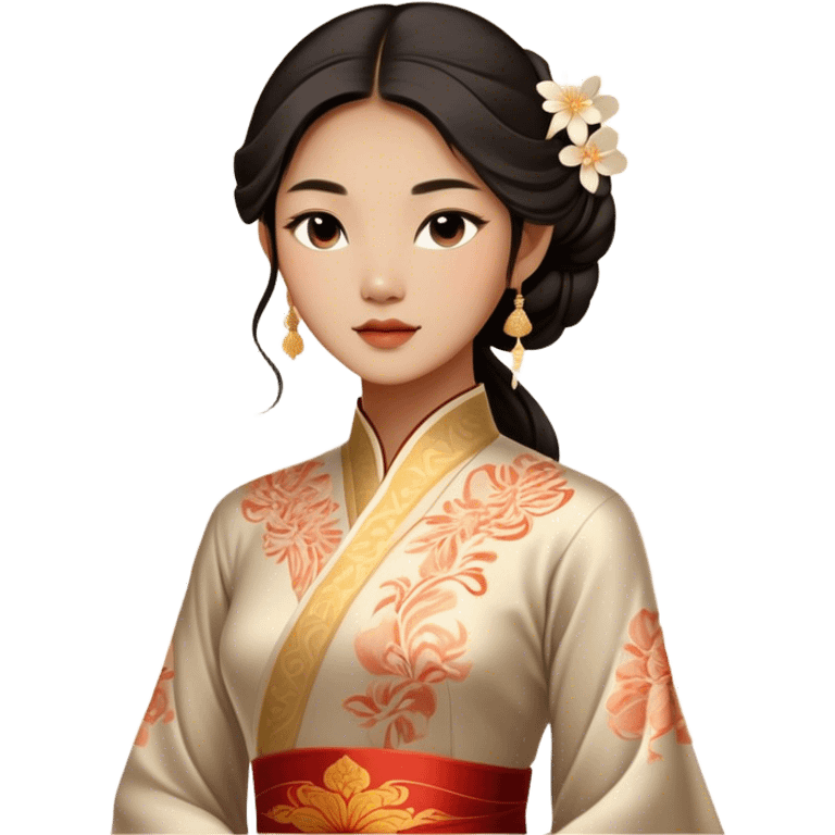 Cinematic Realistic Áo Dài Portrait Emoji, depicted as an elegant traditional Vietnamese dress with flowing graceful lines and delicate patterns, rendered with rich textures and soft ethereal lighting that captures its timeless beauty. emoji