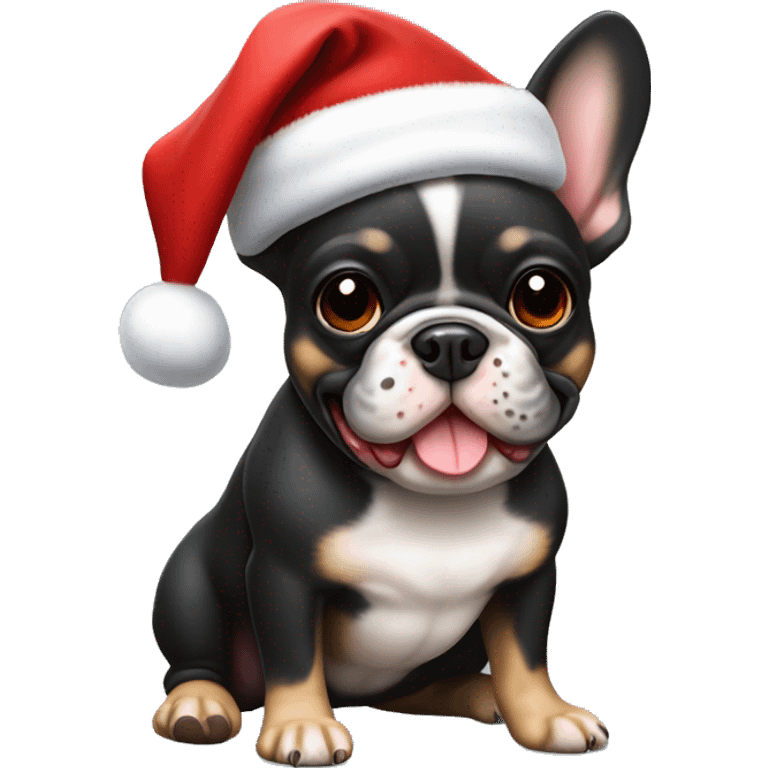 A small, black-and-tan French bulldog with a mostly black face and tan paws, wearing a classic red and white Santa hat, sitting happily with its tongue slightly out. emoji