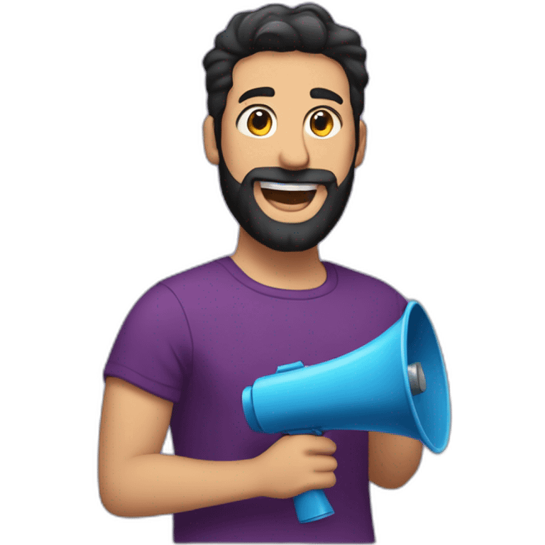 a white man with a black beard, holding a red megaphone next to his mouth, he wears a purple tshirt, smiling,he has a modern haircut emoji