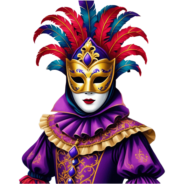 Venice Carnival performer – Cinematic Realistic Venice Carnival Performer, depicted in an opulent, elaborately masked costume with rich textures, vibrant colors, and dramatic, soft lighting, set against the historic backdrop of Venetian canals, capturing the mystery and extravagance of the carnival. emoji