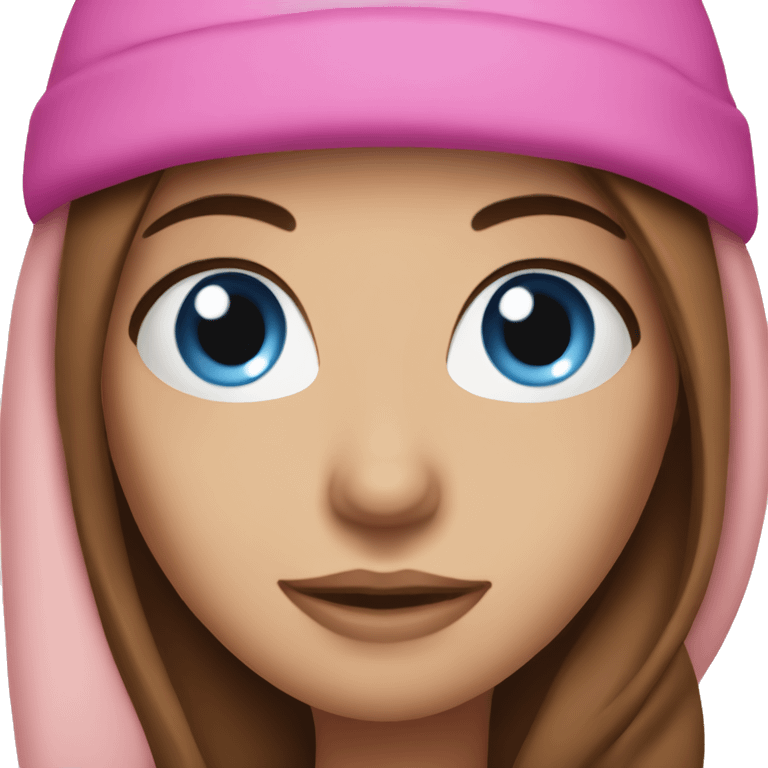 woman with blue eyes, long brown hair, and pink beanie emoji