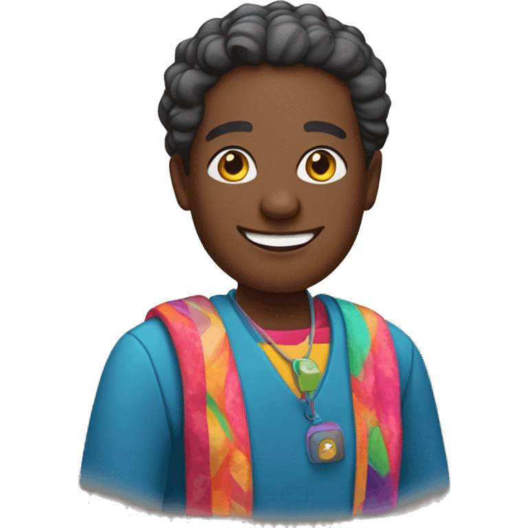 Smiling black middle-aged Bahian teacher with colorful clothes and accessories. emoji