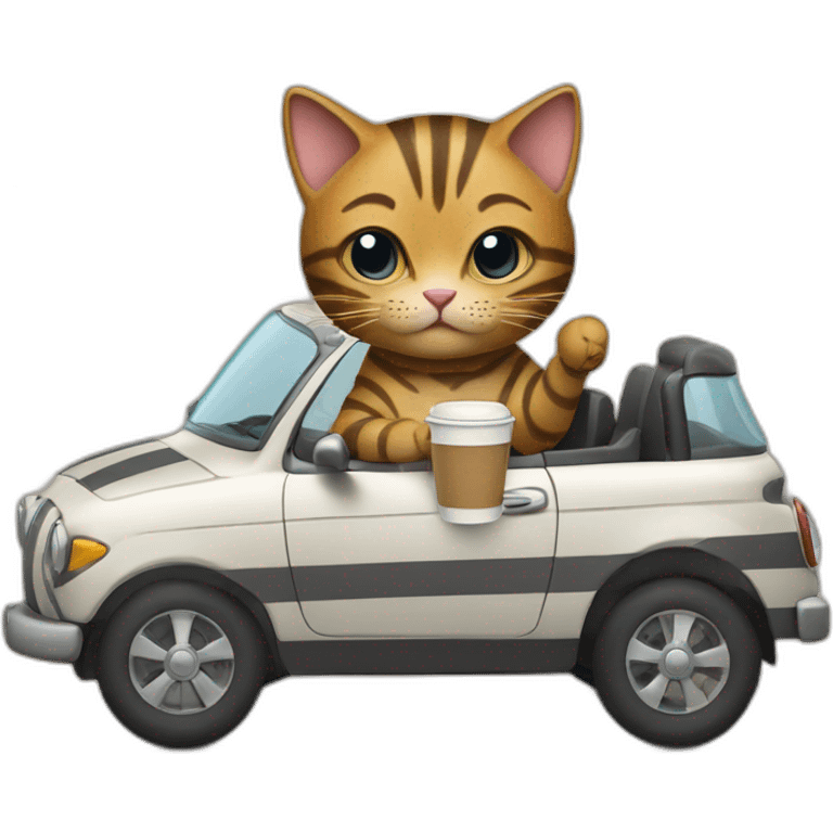 A striped cat drives a car and holds a glass of coffee in its paw emoji