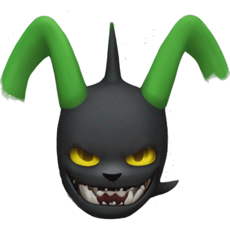 Digimon-Fakémon, horns, black body, green mane, anthro, furry, shark, black skull face, black skull mask, green stripes, tufted tail,  emoji