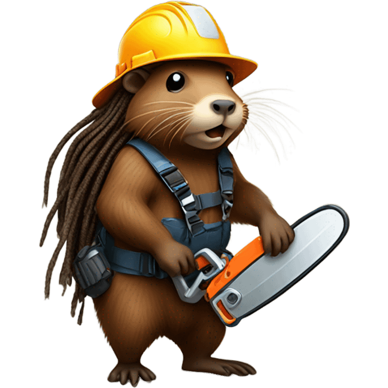 Beaver with dreadlocks in climbing gear with a chainsaw  emoji