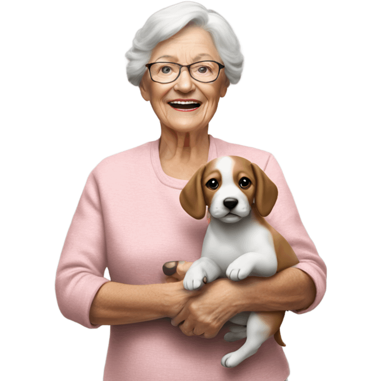 Create a 3d hyper realistic photo of a senior woman holding a puppy  emoji