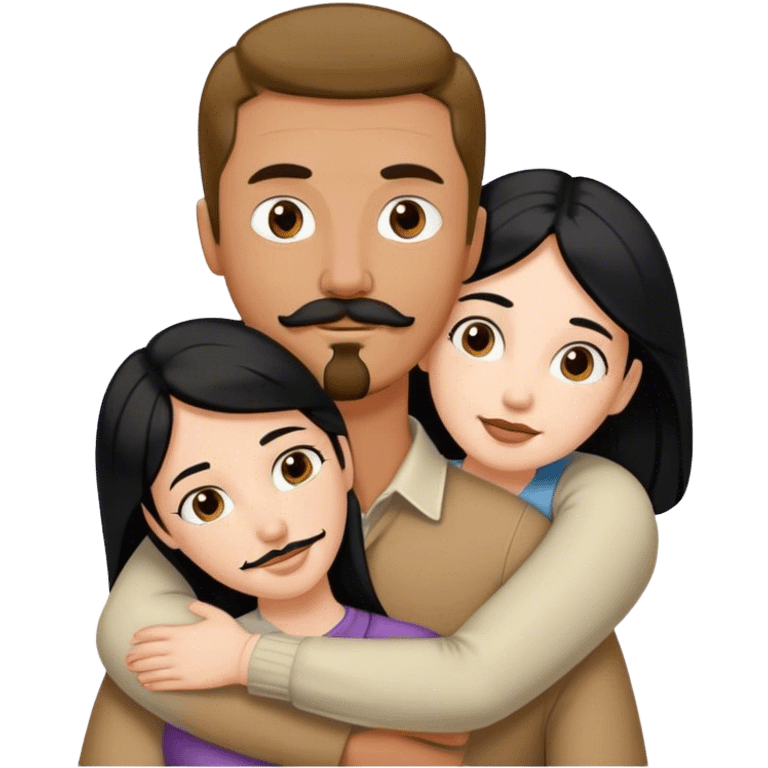 Tall tan man with brown mustache and goatee hugging a short pale woman with long black hair emoji