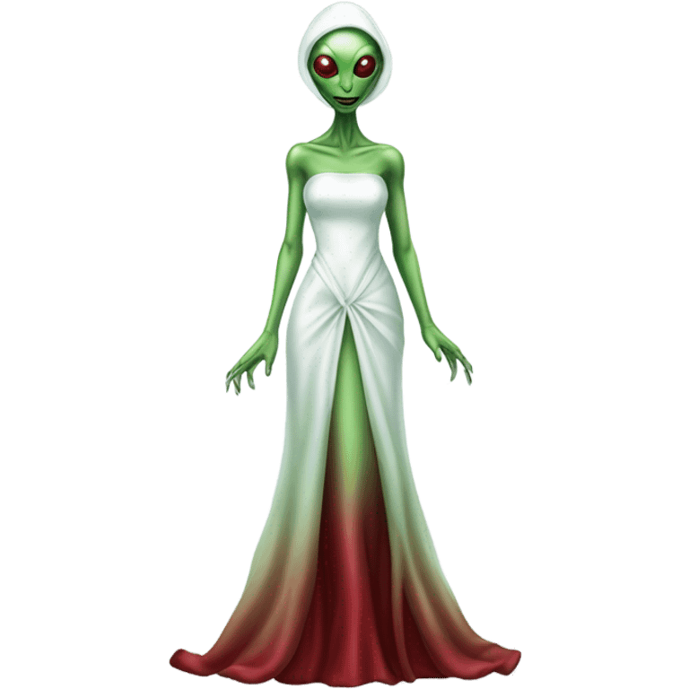 reptilian green alien woman, in( long slim pastel color:#FFFFFF formal party satin dress with gradient shiny sparkling color:#800000), full figure, full body emoji