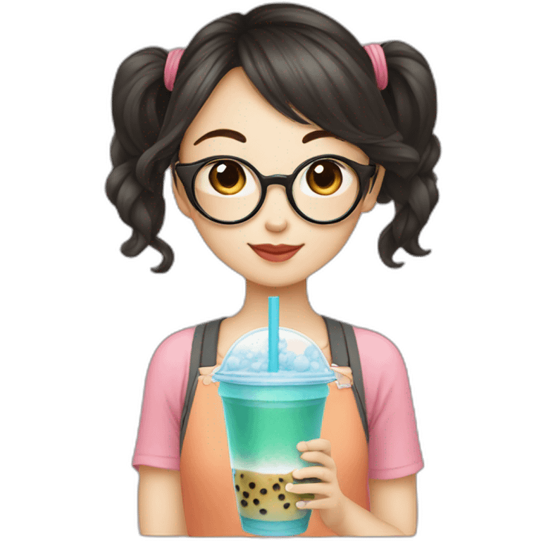 Asian girl with glasses drinking bubble tea emoji