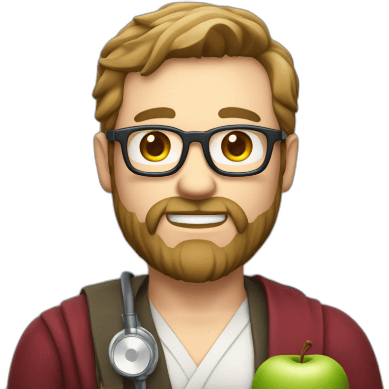 A male nutritionist with a full beard and dark blonde hair and white skin and glasses holding an apple in his hand. Without white kiltze and stetoscope emoji