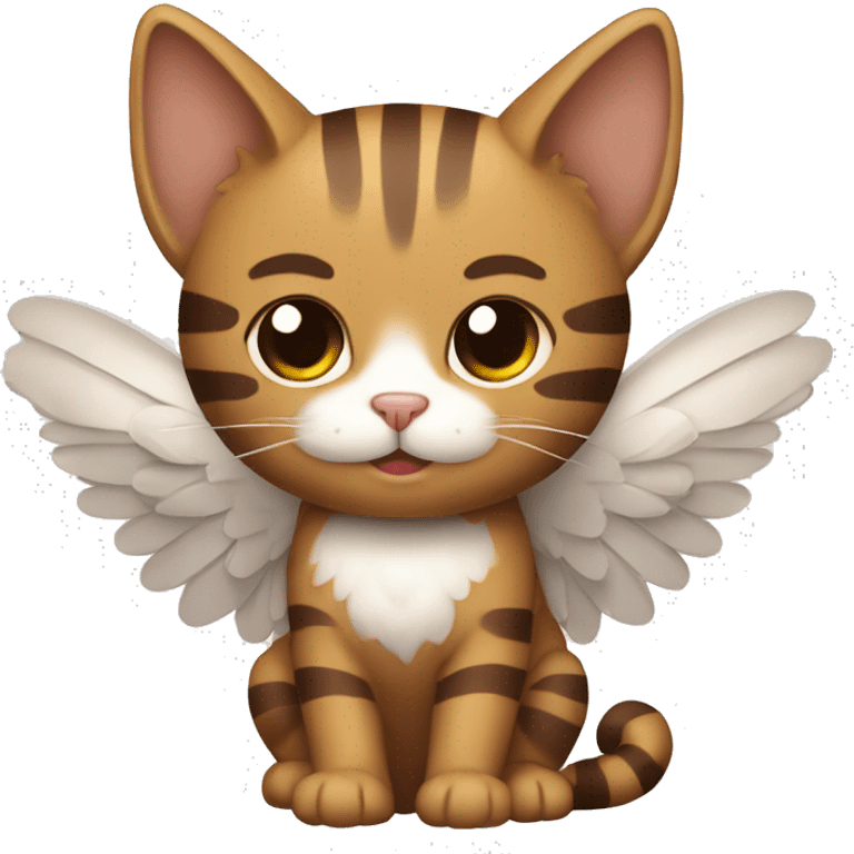 An adult and totally brown striped cat with angel’s wings. The fur is without White color. The cat is flying.  emoji