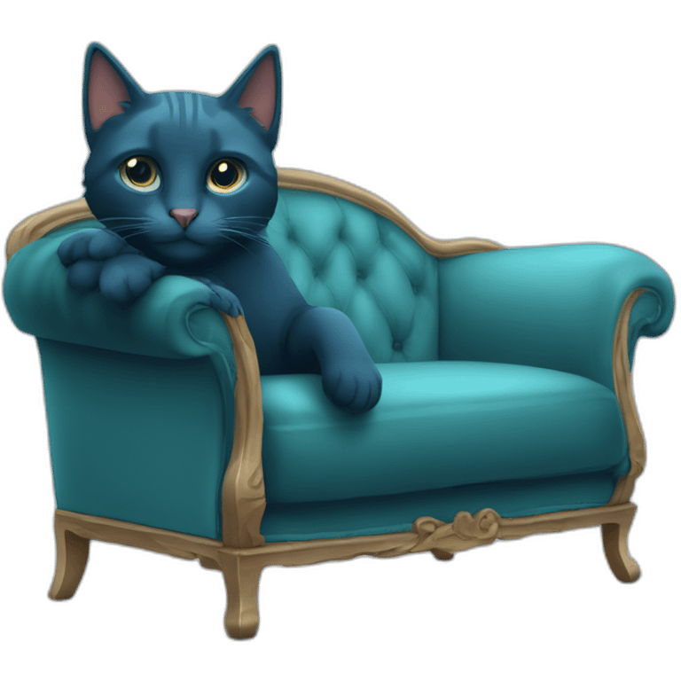 dunkelblaue Katze mit türkiser Wollmütze auf einem beigen Sofa emoji