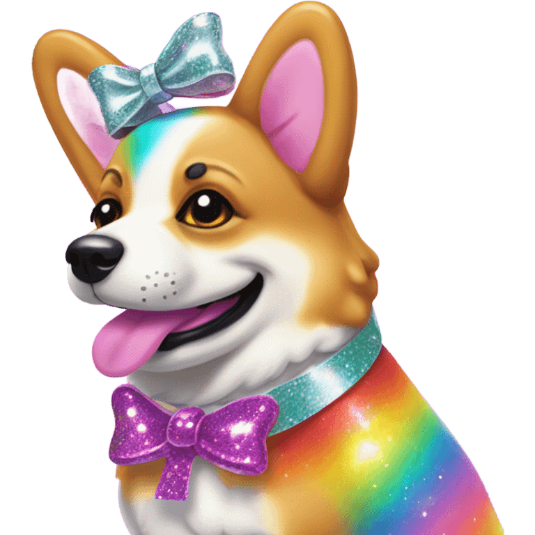 Lisa frank rainbow glitter corgi with ribbon bow on head emoji